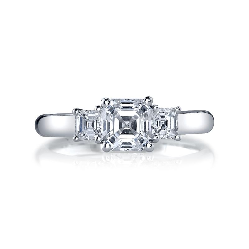 Sleek white gold Deutsch Signature Asscher Cut 3-Stone Rings Semi Mount, available at Deutsch Fine Jewelry in Houston, Texas.