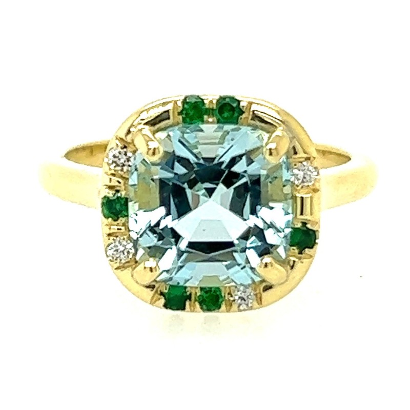 Gorgeous Aquamarine and Tsavorite Sprinkle Ring by Lauren K, available at Deutsch Fine Jewelry in Houston, Texas.