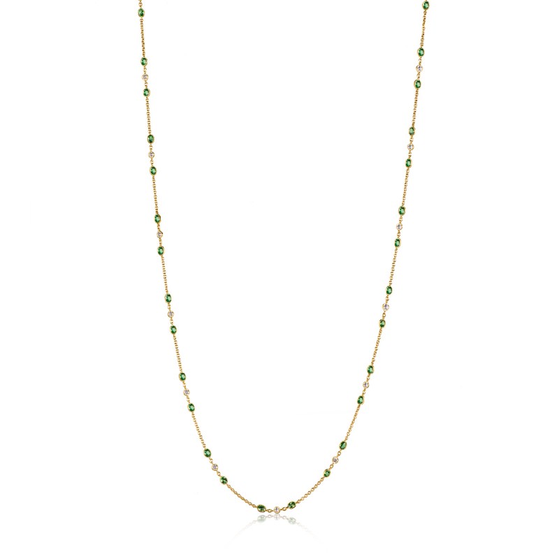 Dainty Oval Tsavorite Bezel Set Edge Milgrain Necklace by John Apel, available at Deutsch Fine Jewelry.