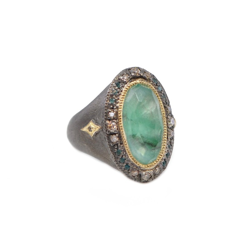 Old World Oval Emerald Cocktail Ring in sterling silver and yellow gold, available at Deutsch Fine Jewelry in Houston, Texas.