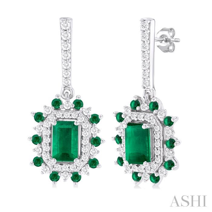 Opulent Emerald-Shape Emerald Gemstone Halo Diamond Earrings by Ashi, available at Deutsch Fine Jewelry.