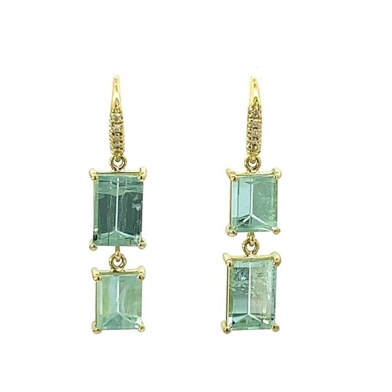 Pale teal Mirror Cut Aquamarine Hi-Lo Joyce Earrings by Lauren K, available at Deutsch Fine Jewelry in Houston, Texas.