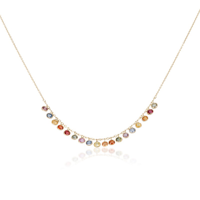 Prismatic Oval Multi Sapphire Bezel Dangle Milgrain Edge Necklace by John Apel, available at Deutsch Fine Jewelry in Houston, Texas.