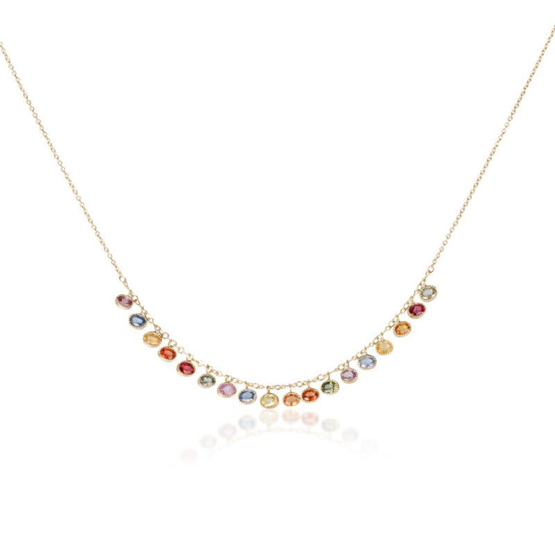 Prismatic Oval Multi Sapphire Bezel Dangle Milgrain Edge Necklace by John Apel, available at Deutsch Fine Jewelry in Houston, Texas.