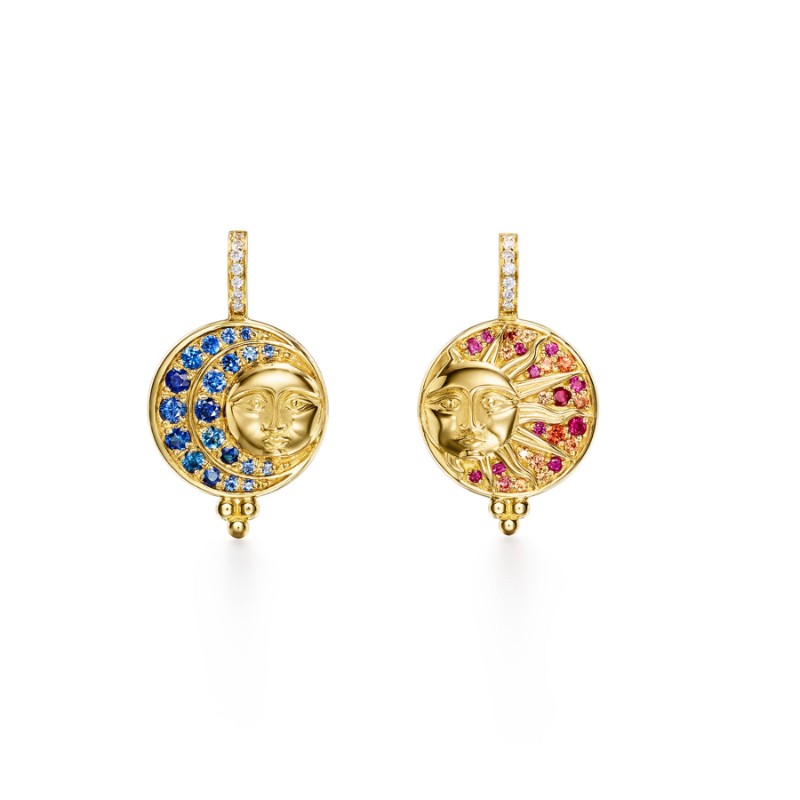 Sun and Moon sapphire 18k Eclipse Earrings by Temple St. Clair, available at Deutsch Fine Jewelry in Houston, Texas.