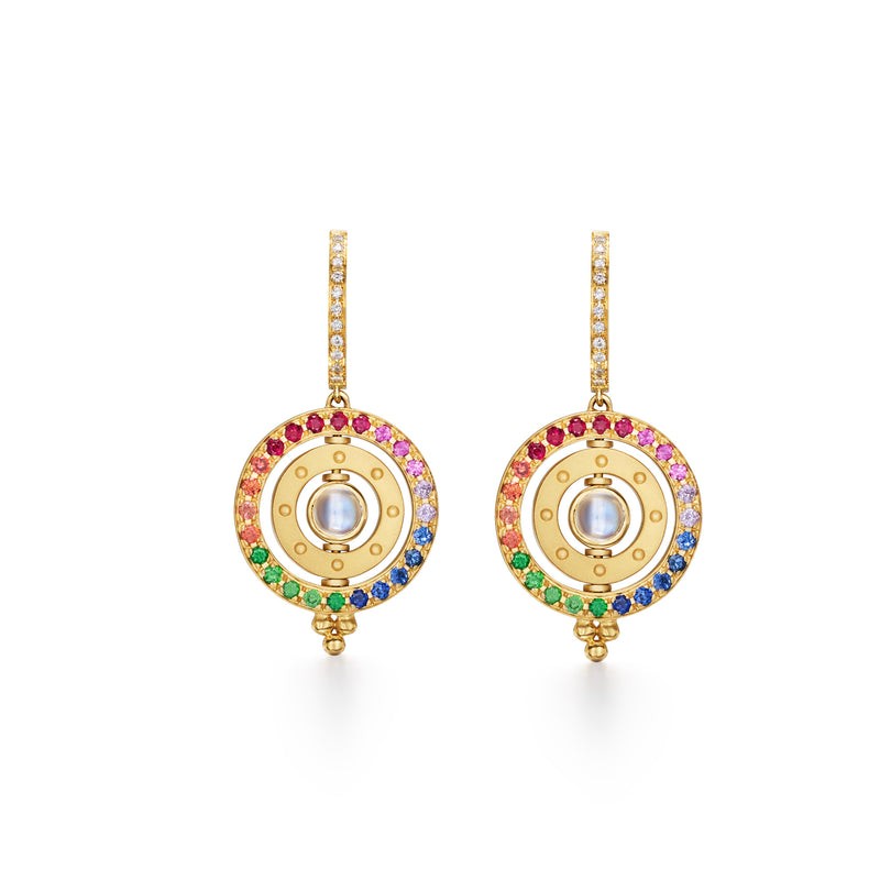 Colorful and kinetic 18k Rainbow 3x Orbit Earrings by Temple St. Clair, available at Deutsch Fine Jewelry in Houston, Texas.