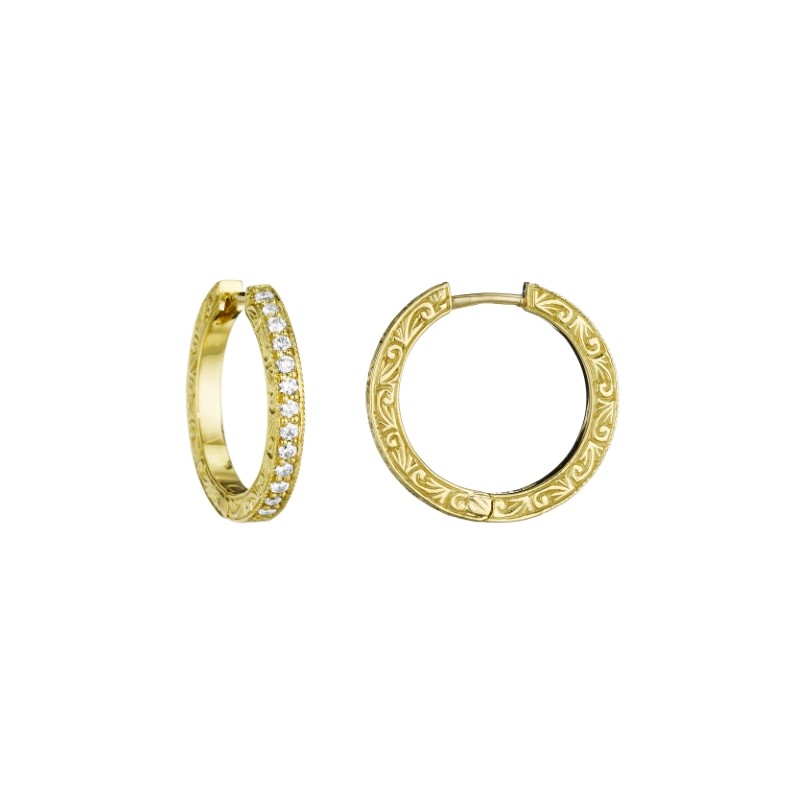 Delicate Small Diamond Hoops with yellow gold motifs by Penny Preville, available at Deutsch Fine Jewelry in Houston, Texas.