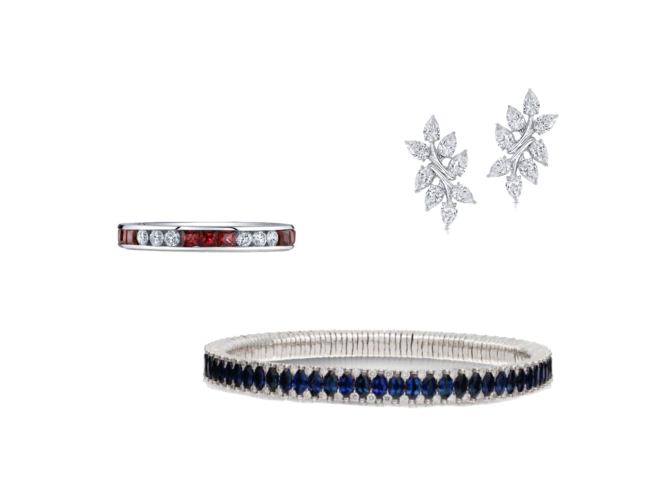 The gorgeous channel-set Deutsch Signature Diamond and Ruby Eternity Band, the 2 Row Blue Sapphire Marquise and Diamond Stretch Bracelet by Robert Demeglio, and the Rahaminov White Gold Branch Post Earrings, available at Deutsch Fine Jewelry in Houston, Texas.