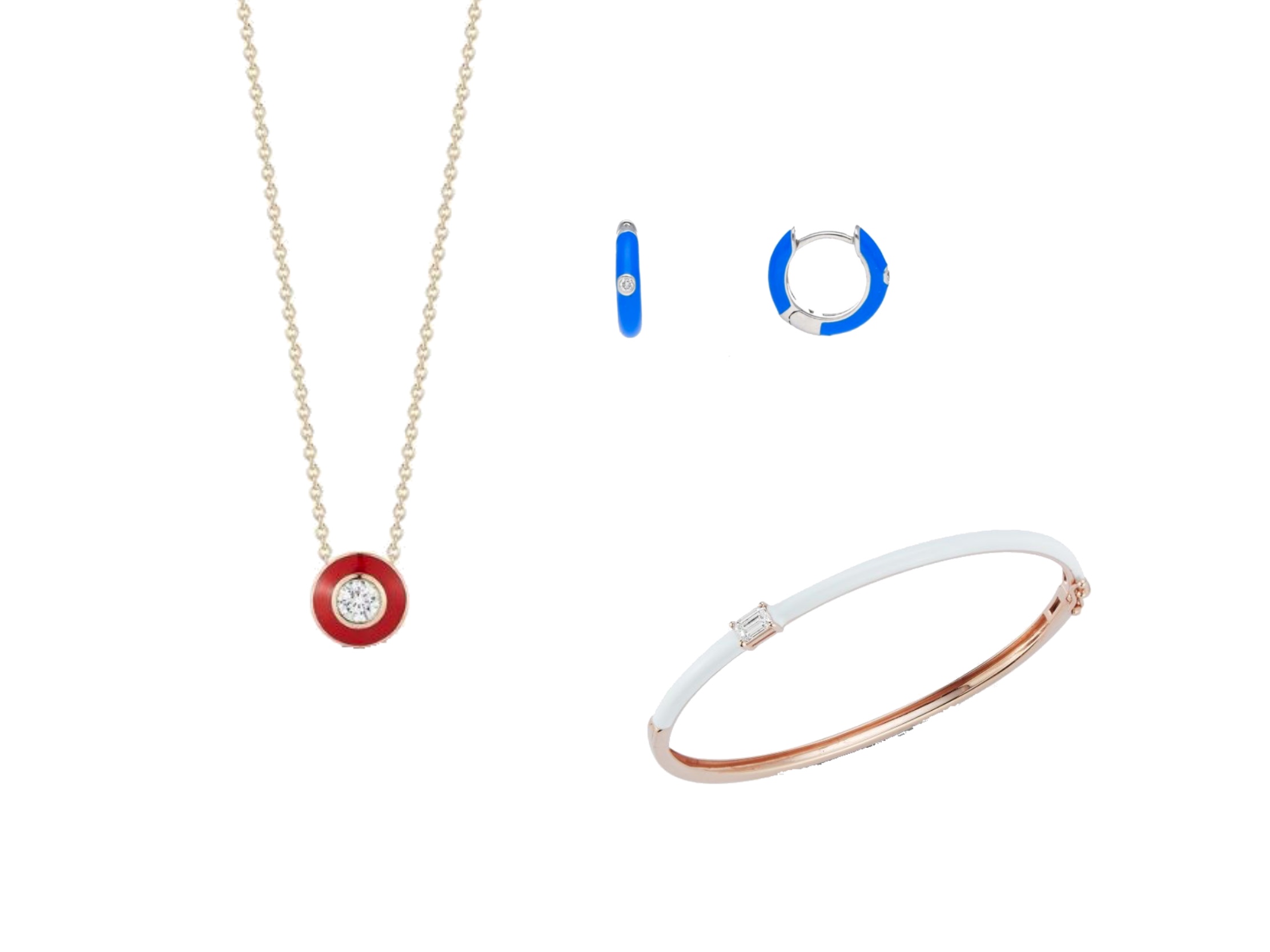 The Deutsch Signature Red Enamel with One Diamond Pendant, Blue Enamel Huggie Earrings with One Diamond, and White Enamel Half Way Bangle with Side Emerald Diamond, all available at Deutsch Fine Jewelry in Houston, Texas.
