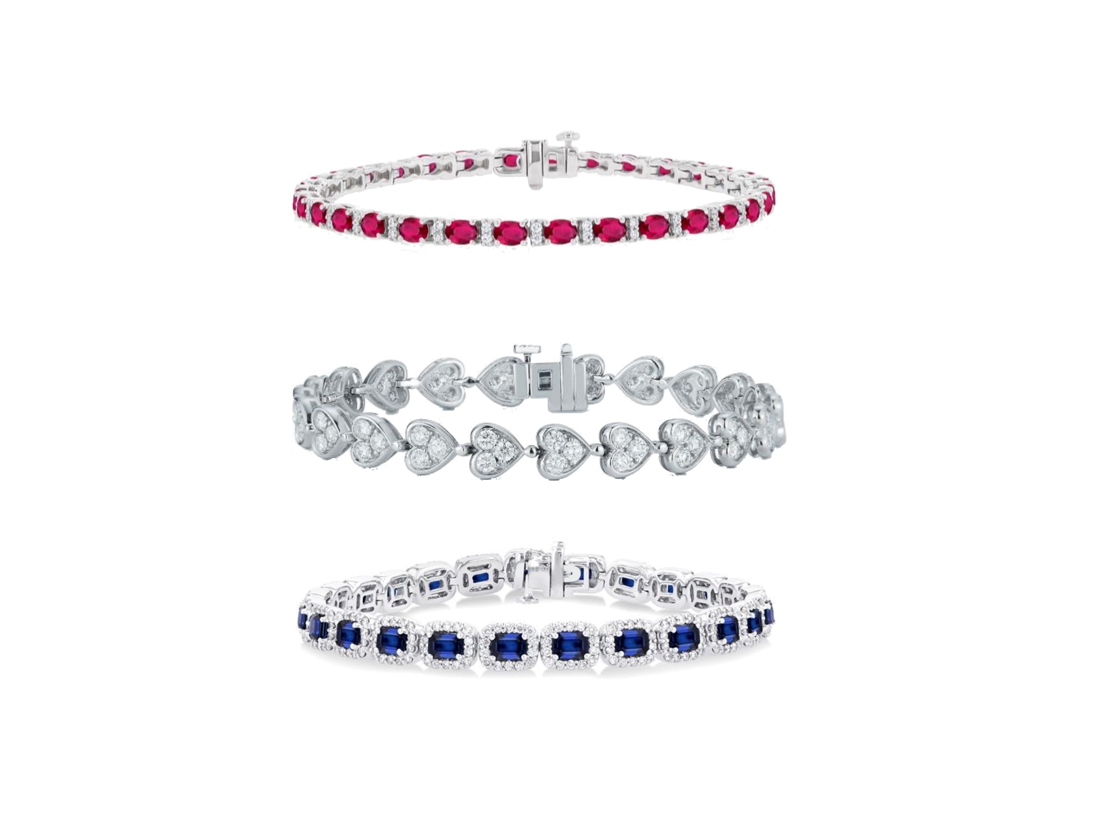 Ravishing red Oval Shape Gemstone Diamond Tennis Bracelet by Ashi, Heart Shape Diamond Tennis Bracelet by Deutsch, and blue Emerald Shape Gemstone Halo Diamond Tennis Bracelet by Ashi, available at Deutsch Fine Jewelry in Houston, Texas.