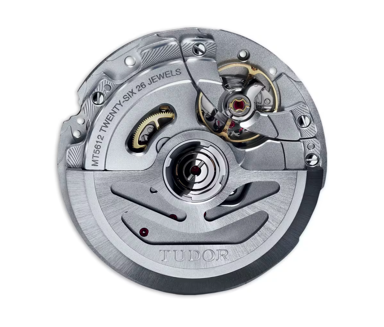 The inner workings of a TUDOR Pelagos LHD. An inscription reads “MT5612 TWENTY-SIX 26 JEWELS” along the curve of the mechanism, and the name “TUDOR” is embossed boldly across the bottom.