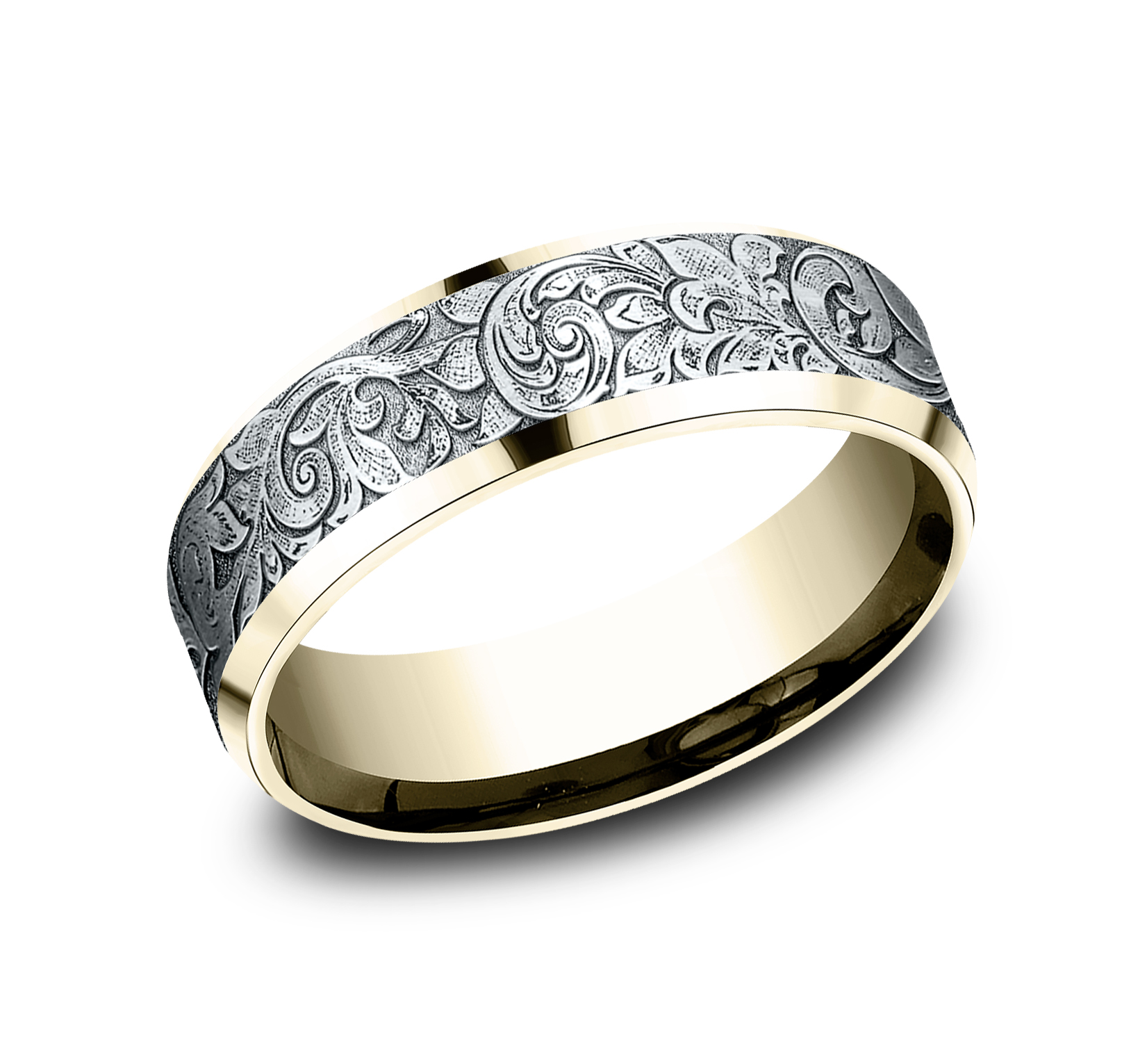A detailed men’s engagement ring: “The Regency,” engraved with delicate script-style metalwork in 14k yellow and white gold by Benchmark, available at Deutsch Fine Jewelry in Houston, Texas.