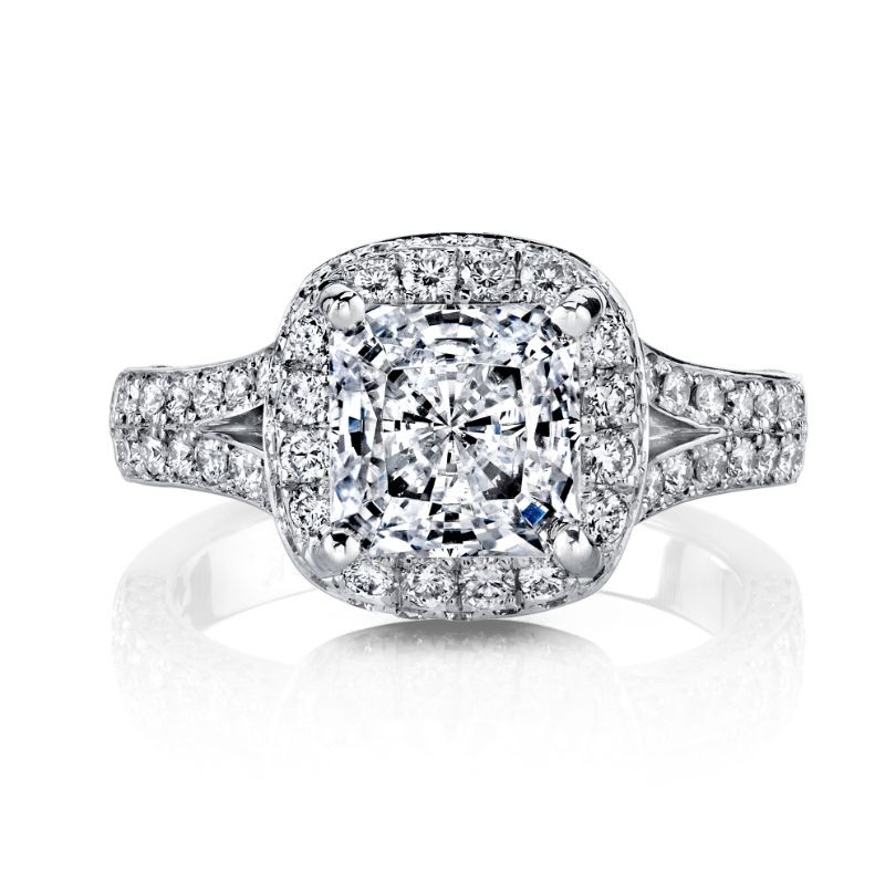 A gorgeous diamond engagement ring with a diamond halo and diamond pave – a Deutsch Signature 2-Sided Micro Pave Square Halo Semi Mount found at Deutsch Fine Jewelry in Houston, Texas.