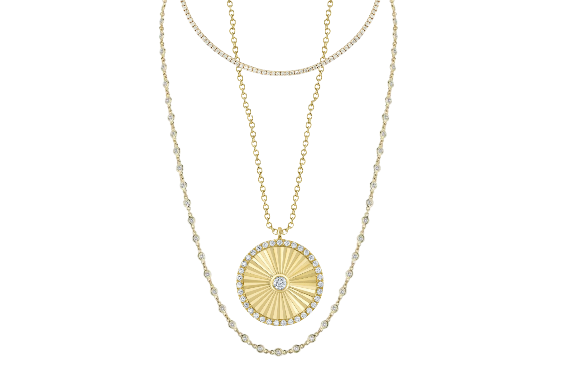 Three layered necklaces: the top necklace the Deutsch Signature Diamond Choker Necklace, a choker consisting of a single pave of brilliant round diamonds in yellow gold settings. The second necklace is the Round Diamond Center and Halo Circle Pendant Necklace, a round pendant on a long chain with detailed yellow gold metalwork accented with brilliant round diamonds. The longest necklace is the Deutsch Signature All Connected Plain Bezel Diamonds by the Yard, a string of diamonds on a long yellow gold chain.