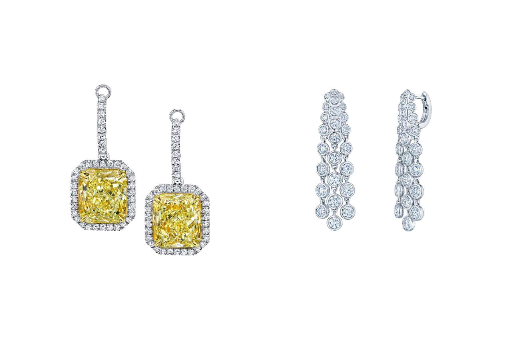 On the left are the Fancy Yellow Radiant Cut Pave Dangle Earrings by Norman Silverman, outfitted with large radiant yellow diamonds with white diamond halos. On the right are the Waterfall Three-Row Diamond Earrings by Kwiat, consisting of three dangling chains of diamonds, all bezel-set and graduating in size, giving the impression of a flowing waterfall. Both pieces are set in white gold and are available at Deutsch Fine Jewelry in Houston, Texas