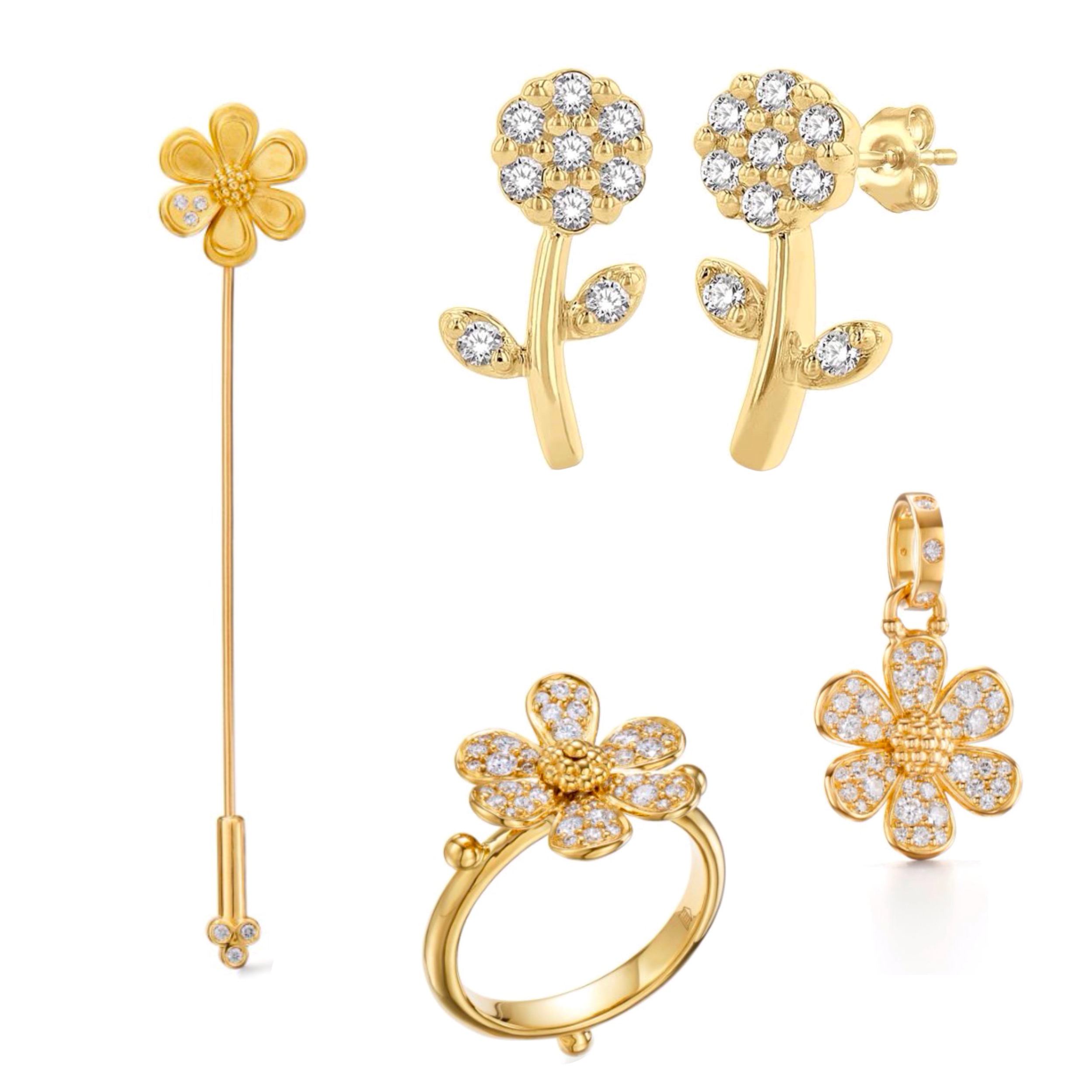 Photo of the ASHI flower Petitle Diamond Fashion Earrings, Temple St. Clair Golden Flower Pin with diamond accents, Temple St. Clair Snow Flower Ring and Snow Flower Pendant, all available at Deutsch Fine Jewelry in Houston, Texas.