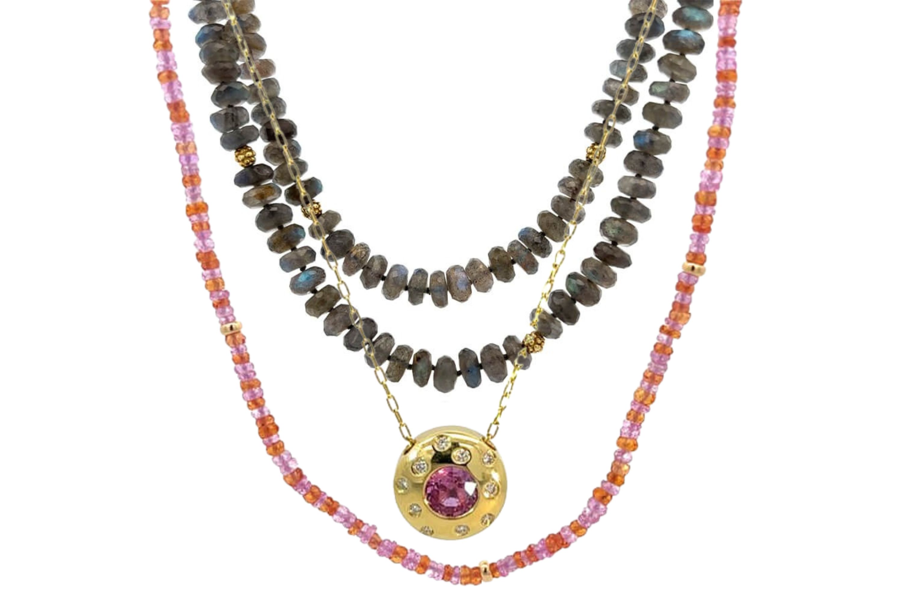A #neckmess necklace stack made with the Labradorite Ball Accent Necklace, Rosie Beads Station Necklace, and the Pink Sapphire Bella Necklace by Lauren K, available at Deutsch Fine Jewelry in Houston, Texas.