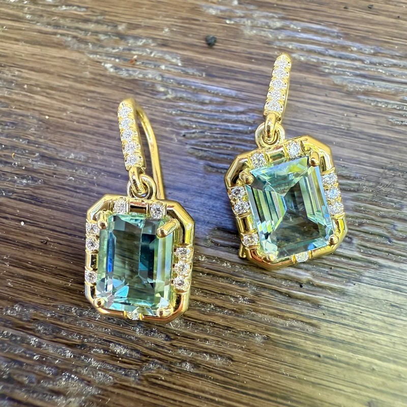 Emerald Cut Aquamarine Sprinkle Earrings