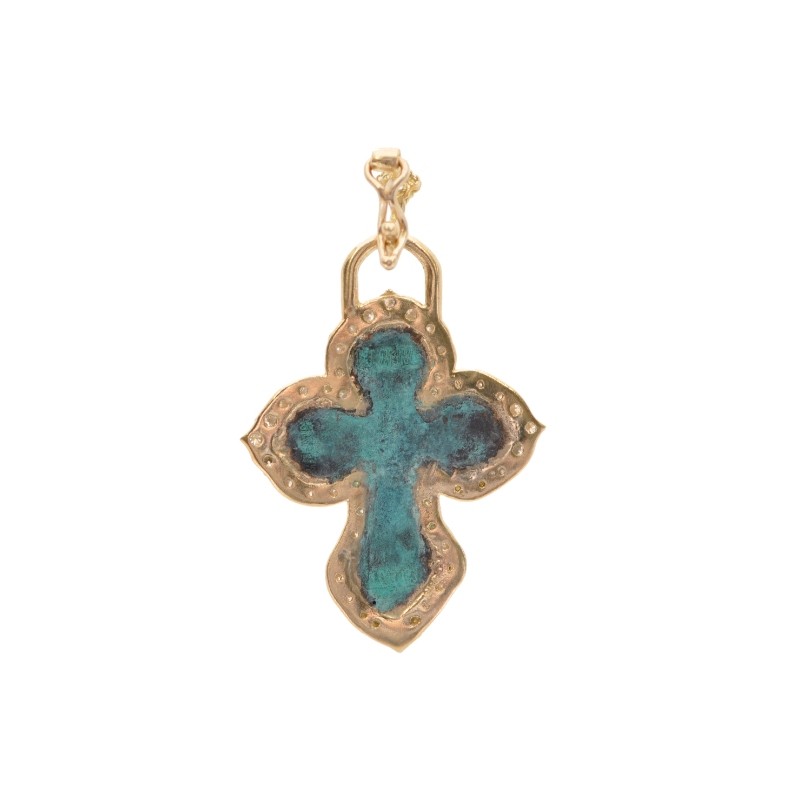 Armenta Blue Green Patina Round White Diamond with Crivellis Enhancer Artifact Cross