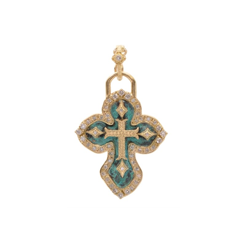 Armenta Blue Green Patina Round White Diamond with Crivellis Enhancer Artifact Cross