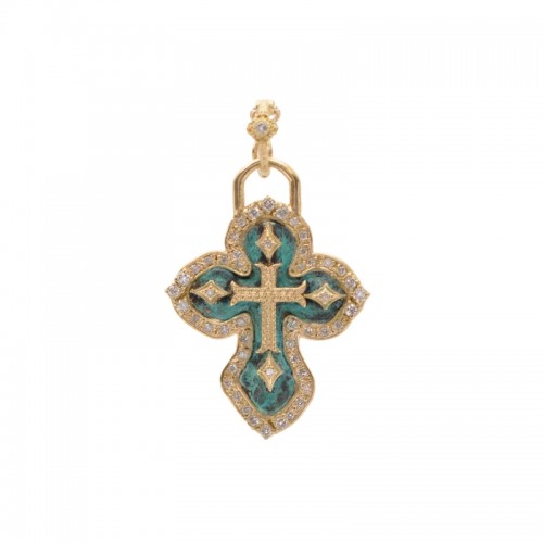 Armenta Blue Green Patina Round White Diamond with Crivellis Enhancer Artifact Cross