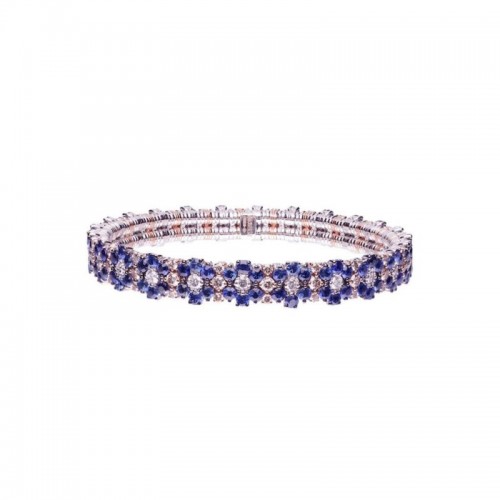 2 Row Blue Sapphires&comma; Champagne Diamond and Diamond Stretch Bracelet
