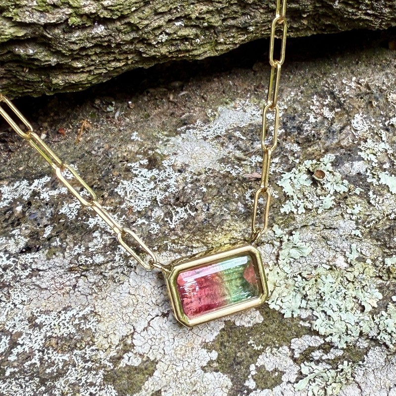 Emerald Cut Watermelon Tourmaline Bea Necklace