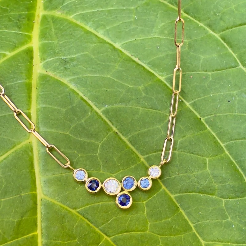 Blue Sapphire and Diamond Bubble Bea Necklace
