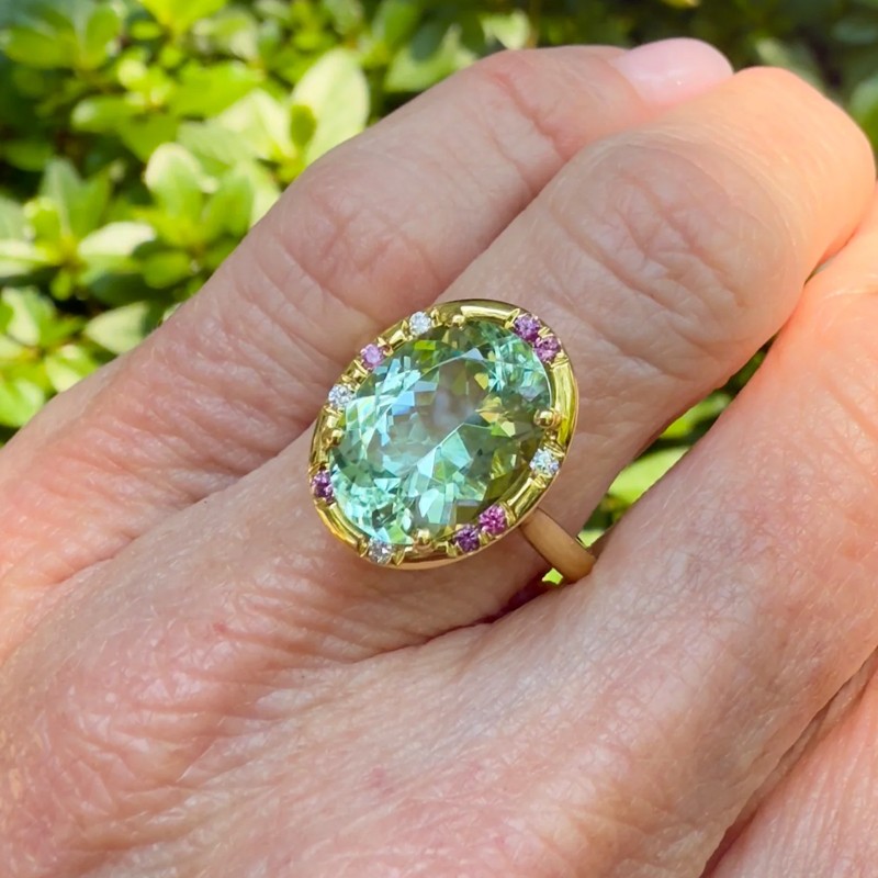 Oval Green Tourmaline and Pink Sapphire Sprinkle Ring