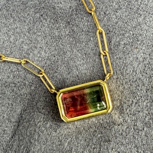 Emerald Cut Watermelon Tourmaline Bea Necklace