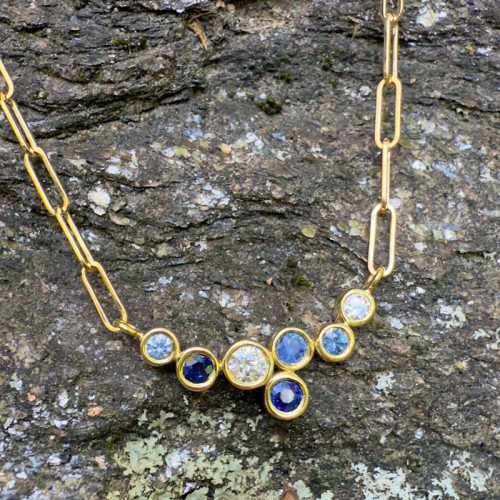 Blue Sapphire and Diamond Bubble Bea Necklace