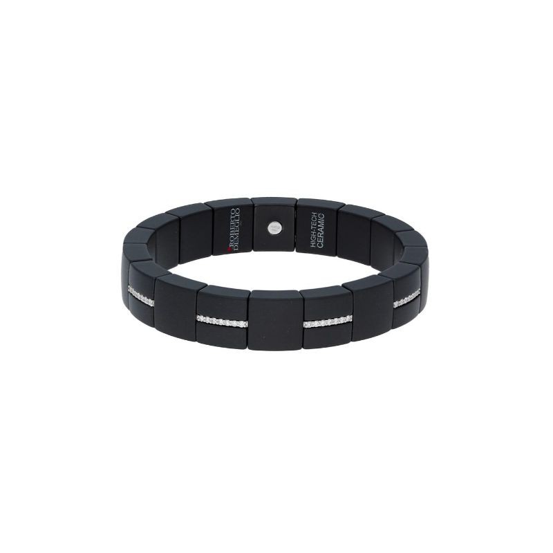 Square Matte Black Ceramic Stretch Bracelet with Alternating Diamond Bars