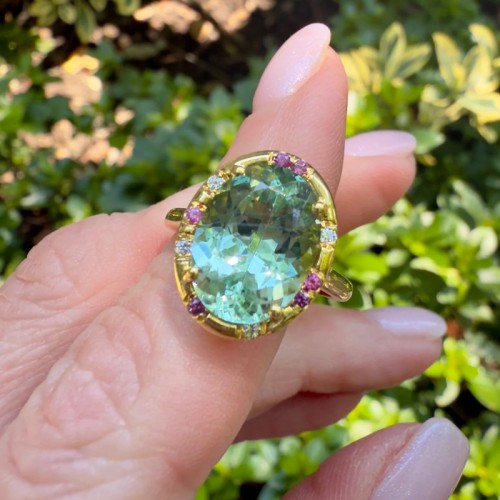 Oval Green Tourmaline and Pink Sapphire Sprinkle Ring