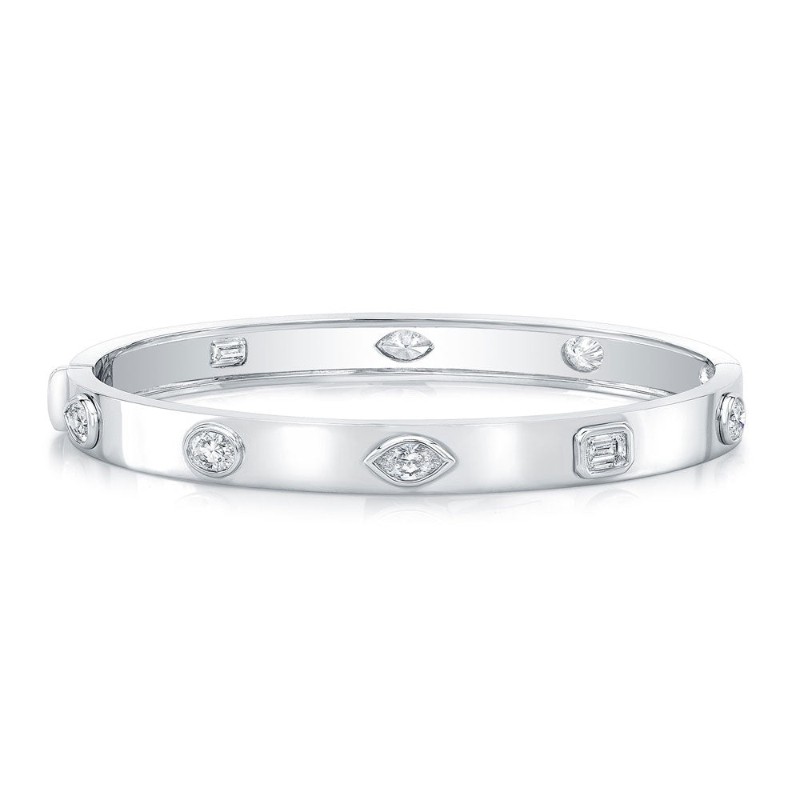 Norman Silverman Fancy Shape Diamonds In 18K White Gold Hinged Bangle