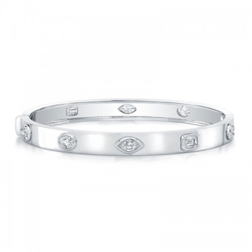 Norman Silverman Fancy Shape Diamonds In 18K White Gold Hinged Bangle