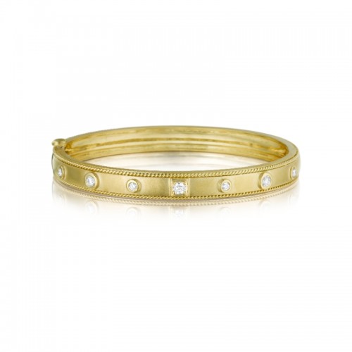 Diamond Stacking Bangle Bracelet With Rounds, Center Square, & Twisted Wire