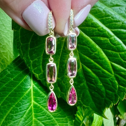 Pink Tourmaline Bezel Set Three Stone Joyce Earrings
