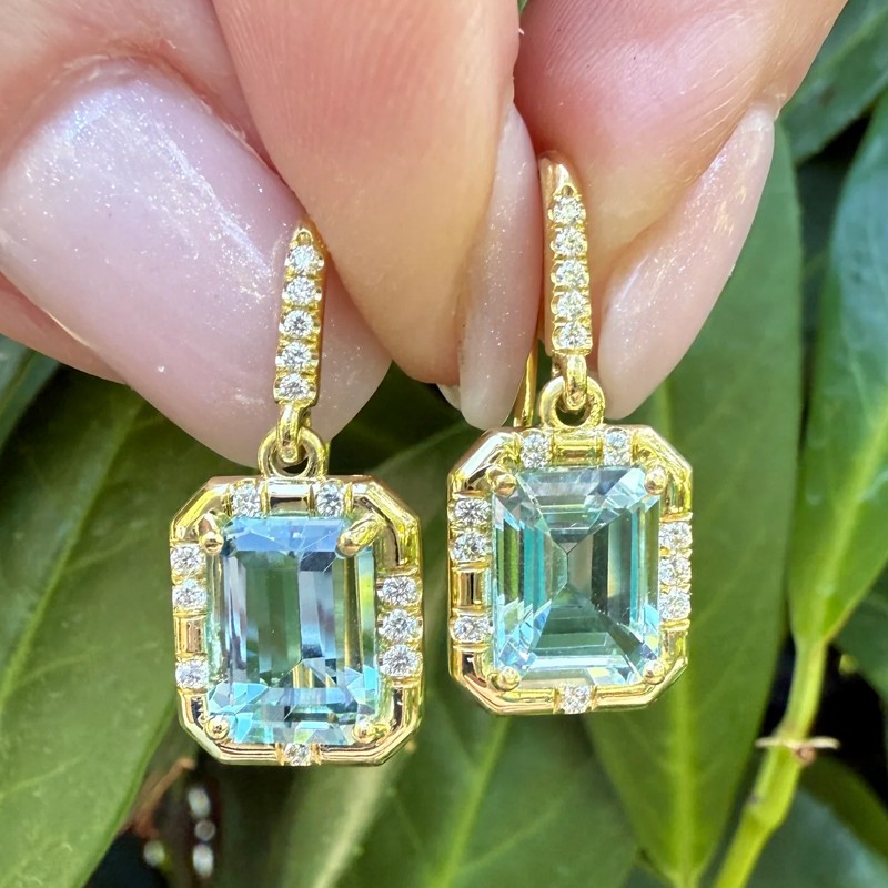Emerald Cut Aquamarine Sprinkle Earrings