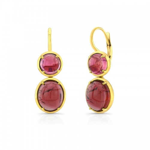 Rahaminov 18K Yellow Gold Pink Tourmaline Cabochons Bezel Set Drop Earrings