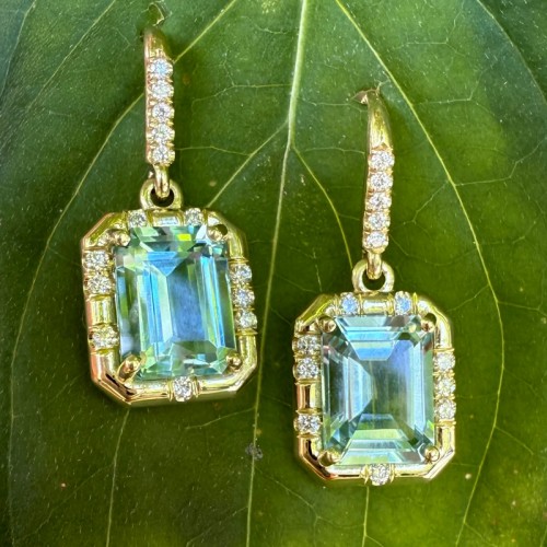Emerald Cut Aquamarine Sprinkle Earrings