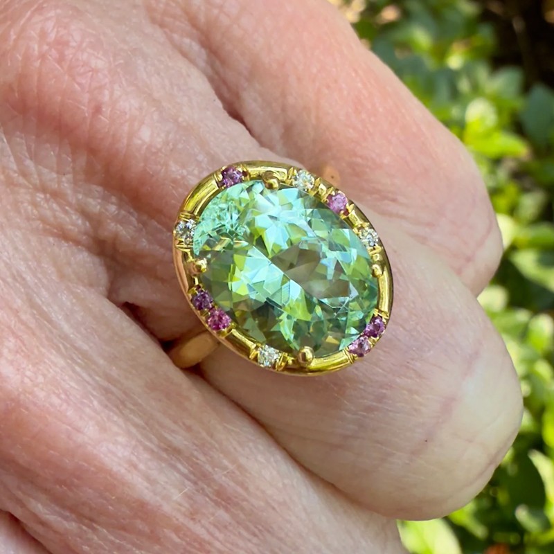 Oval Green Tourmaline and Pink Sapphire Sprinkle Ring