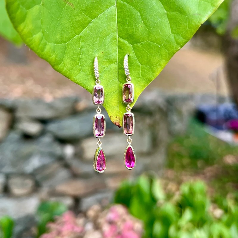 Pink Tourmaline Bezel Set Three Stone Joyce Earrings