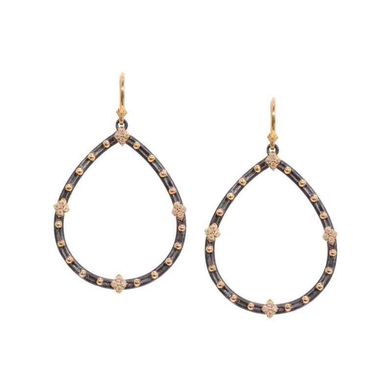Old World Open Pear Earrings With White Diamonds And Gold Granulation