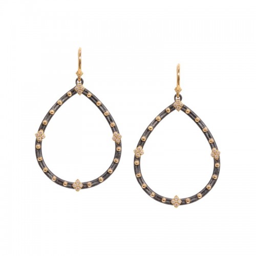 Old World Open Pear Earrings With White Diamonds And Gold Granulation