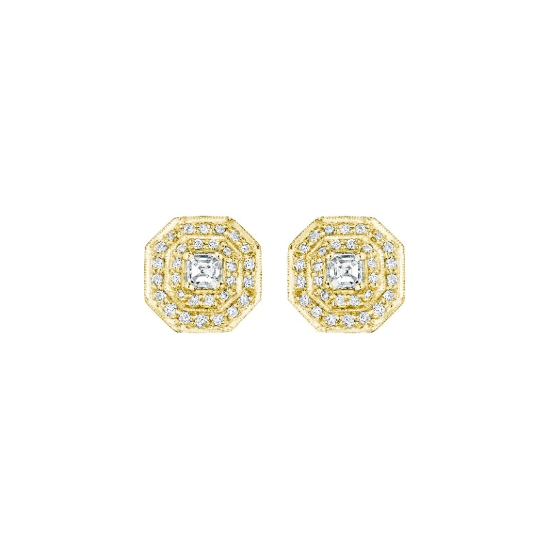 18K White Gold Double Row Octagon Earring With Asscher-Cut Center Stone On Post