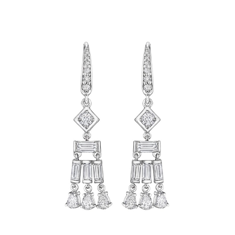 Fancy-Cut Moderne Deco Earrings With Baguettes & Pear Cut Diamonds On French Wire (1 1/2 Long)