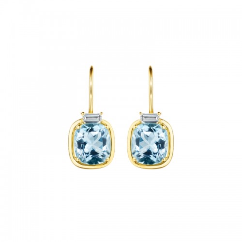 Aquamarine Drop Earrings With Diamond Baguette Top On French Wire