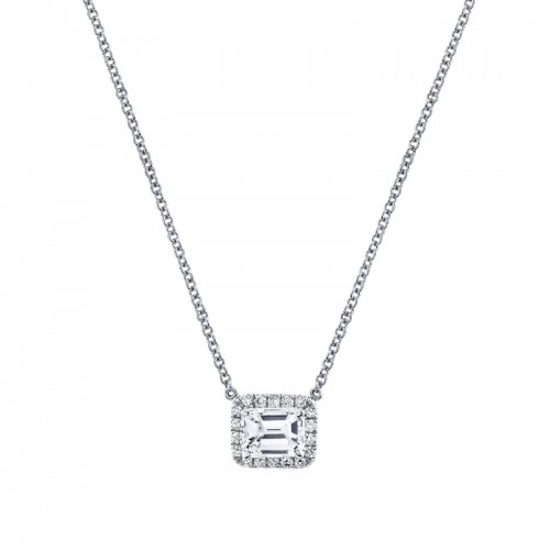 Norman Silverman Emerald Cut Diamond Halo Pendant In 18K White Gold