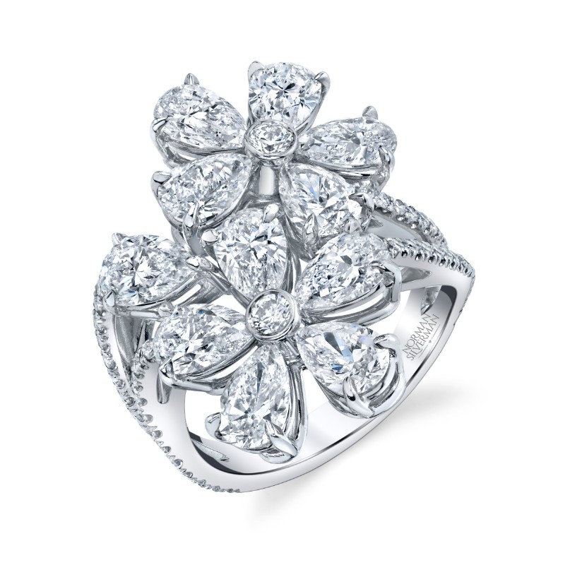 Norman Silverman 18K White Gold Floret Pave Cocktail Ring