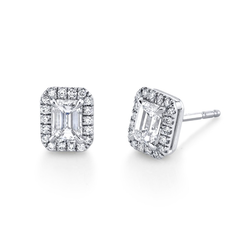 Norman Silverman Emerald-Cut Diamond Halo Studs
